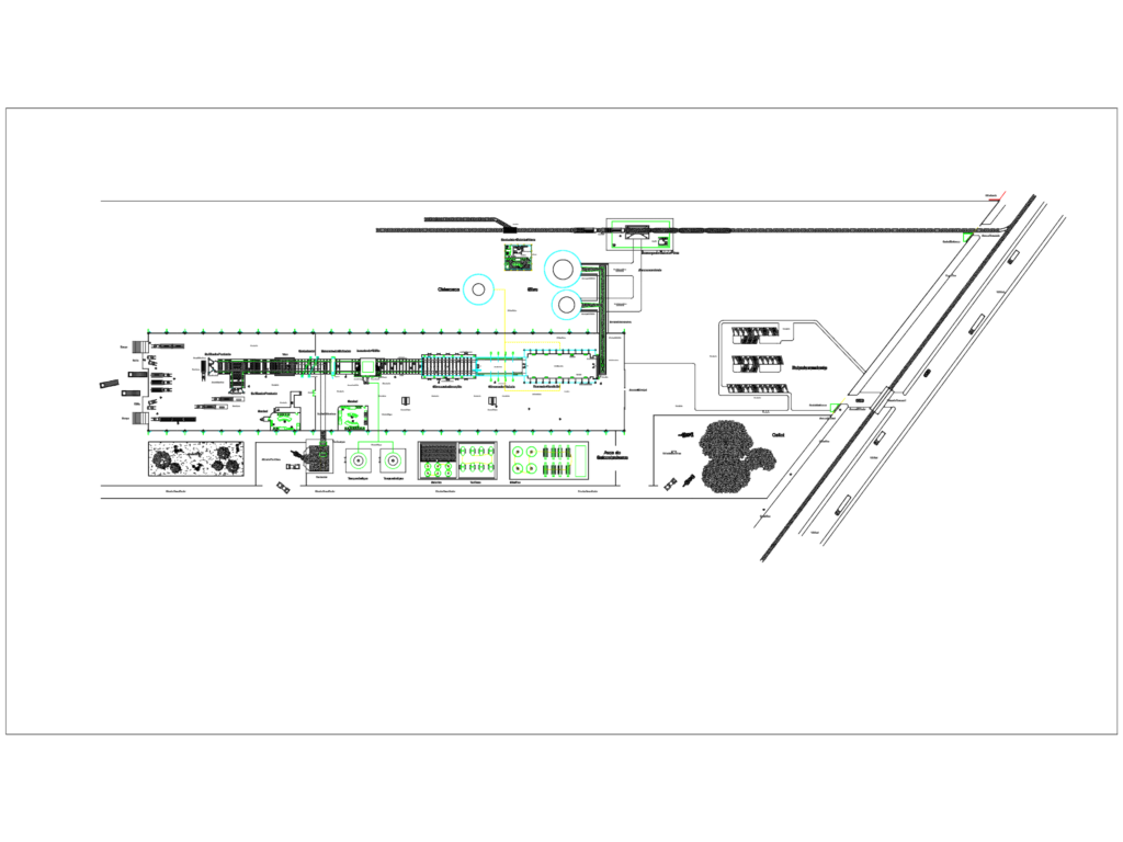 CAD drawing showing a glass manufacturing plant layout with production machinery, storage silos, and railway tracks.