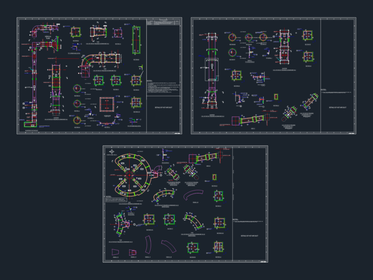 Technical CAD layout of industrial hot air ducts including elevations, sections, and structural splice details.