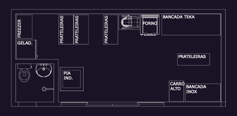 CAD floor plan of a commercial kitchen showing appliances, shelving, and a small restroom.
