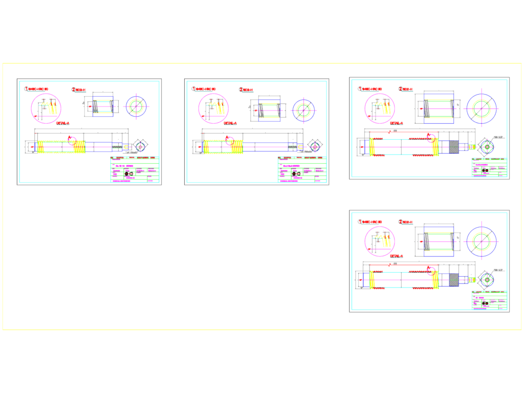 Technical drawings of industrial roller machine stand sections and threaded shafts with material specifications.