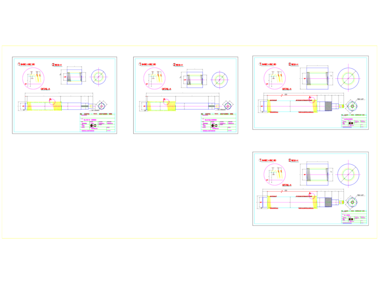 Technical drawings of industrial roller machine stand sections and threaded shafts with material specifications.