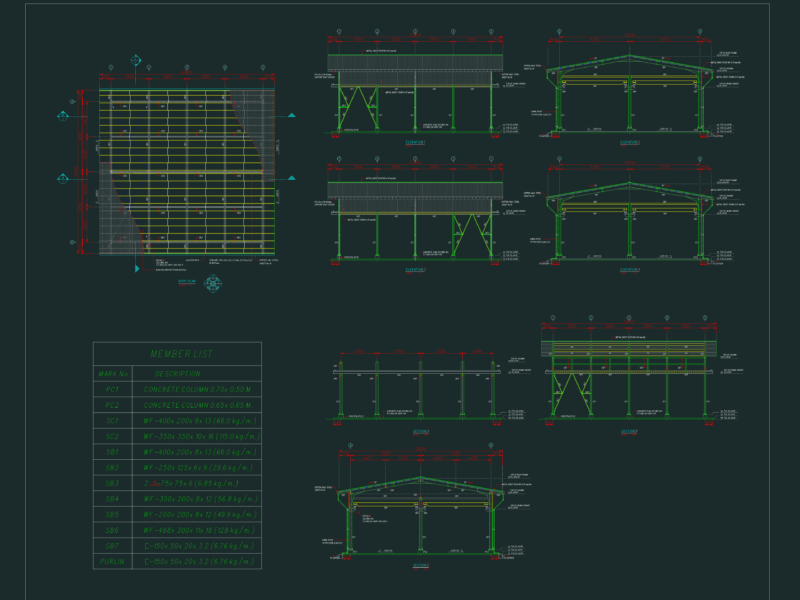 Industrial Steel Frame Shelter Roof Plan and Elevations