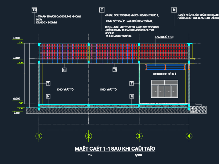 Architectural section and elevation for an industrial warehouse renovation showing wall heights and material specs.