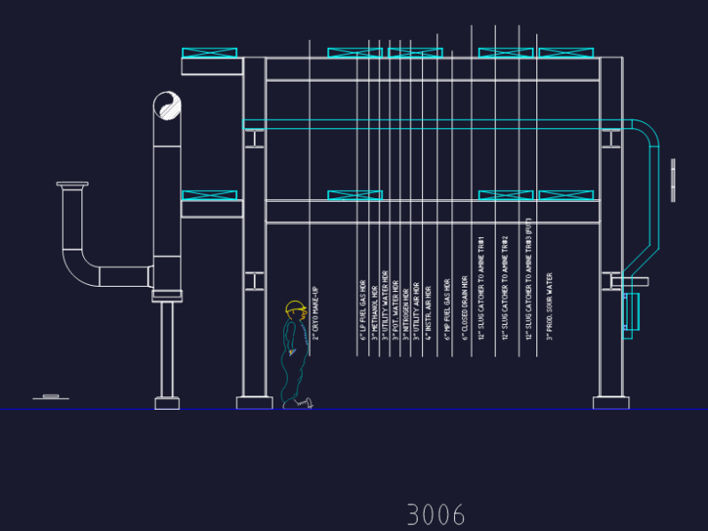 Inlet Stabilizer And Main East-West Piperack Elevation Section CAD Drawing