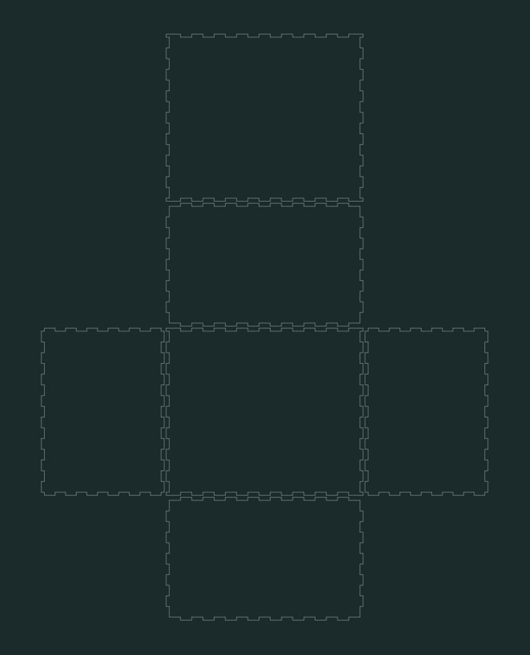 2D CAD drawing of a flattened box net with interlocking notched finger joints for laser cutting.