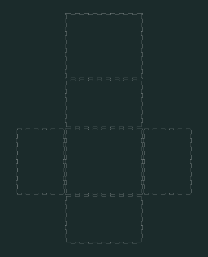 2D CAD drawing of a flattened box net with interlocking notched finger joints for laser cutting.