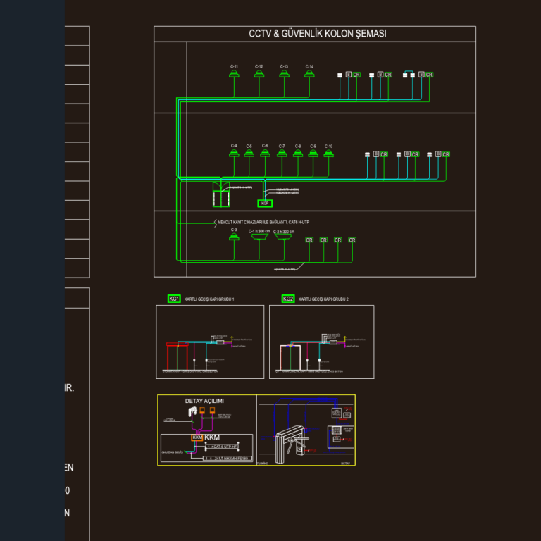CCTV and security system riser schematic with access control door details and turnstile wiring diagrams.