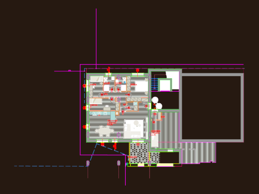 2D floor plan of a three-bedroom apartment with Italian labels, furniture blocks, and terrace.