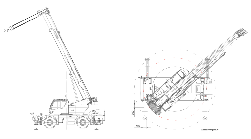 KATO SR-300LS crane drawing showing side elevation and top-down plan views.