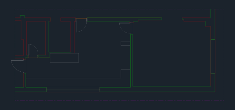 2D CAD floor plan of a kitchen and pantry layout with door swing paths.