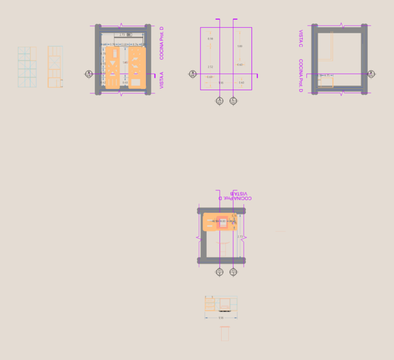 Kitchen layout plans and interior elevations with dimensions for Prototype D.