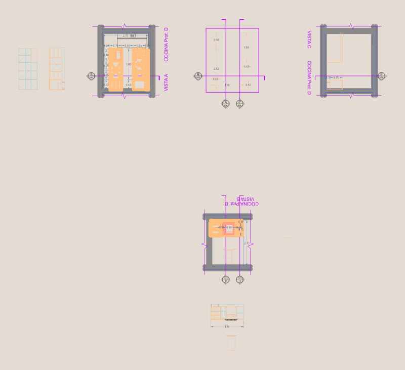 Kitchen layout for Prototype D with elevations and details