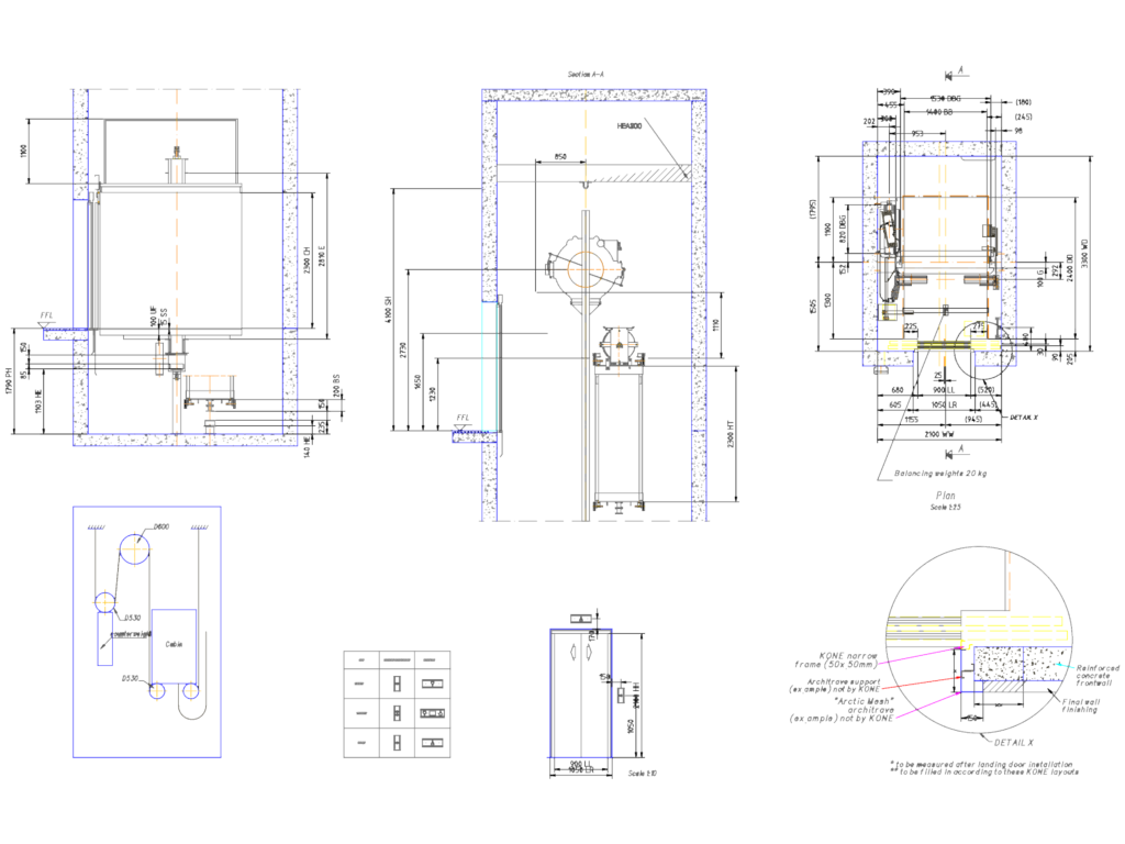 Detailed CAD drawing of a KONE elevator shaft section, plan view, and door frame mounting details.
