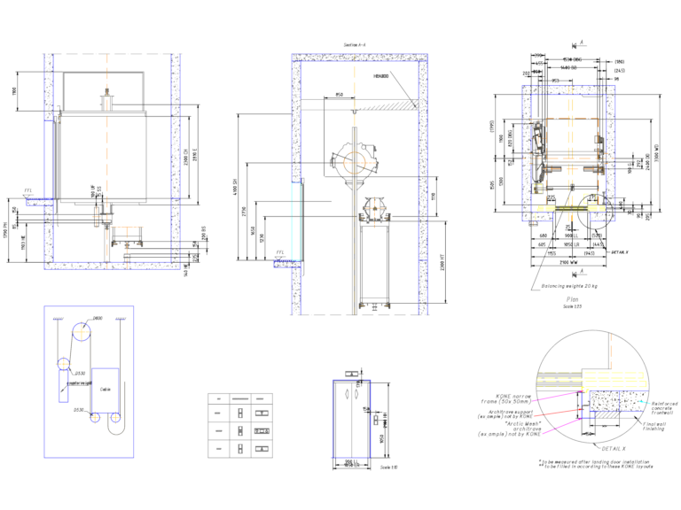 Detailed CAD drawing of a KONE elevator shaft section, plan view, and door frame mounting details.