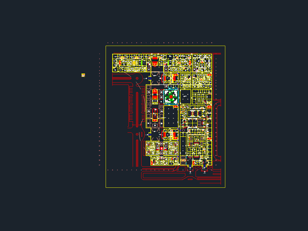 Large hospital ground floor architectural plan with emergency, radiology, and outpatient departments.