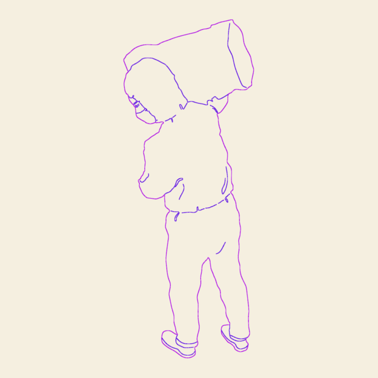 CAD silhouette of a person wearing a mask and carrying a large bag on their shoulder in rear view.