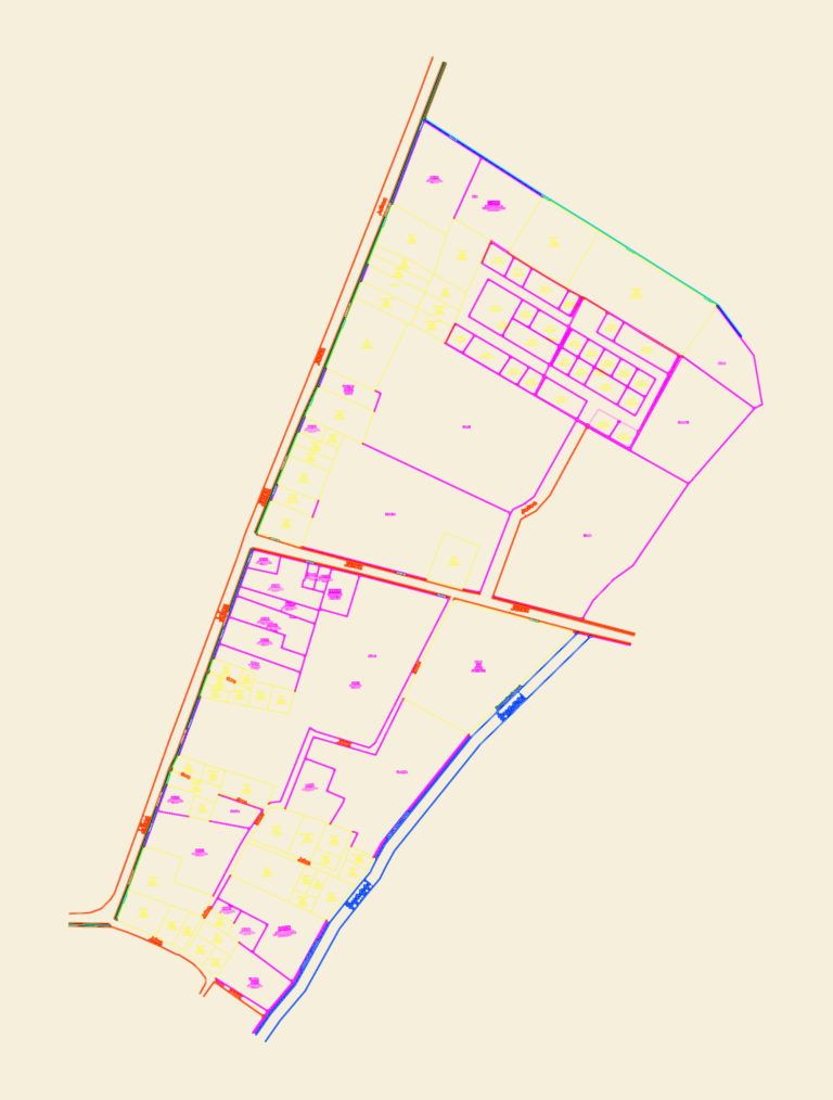Cadastral survey map showing subdivided land parcels with lot areas and road layouts in Indonesian language.