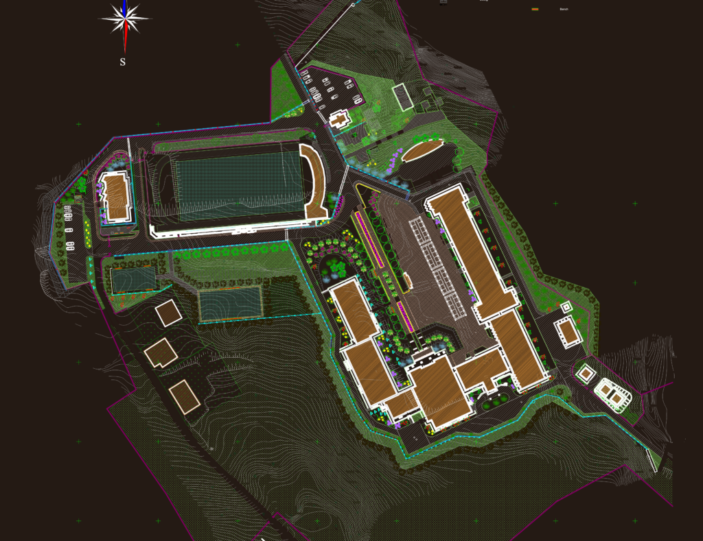 Landscape master plan for a school campus featuring building layouts, parking, gardens, and a sports field.