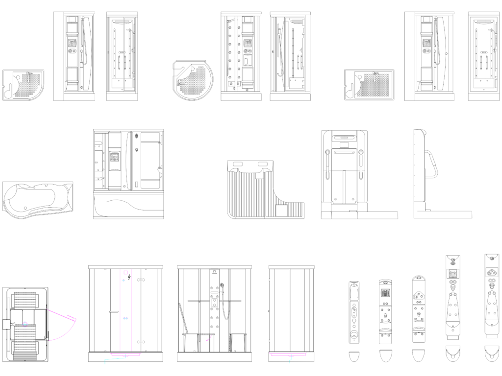 Plan and elevation views of multiple shower cabin designs and steam sauna enclosures.