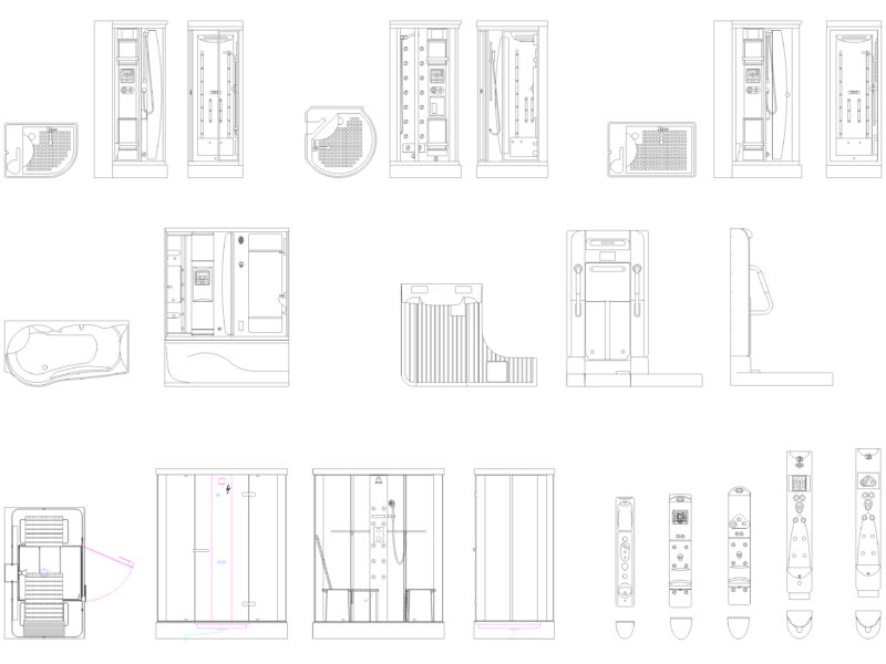 Modern Shower Cabin and Steam Sauna Elevation and Plan Views