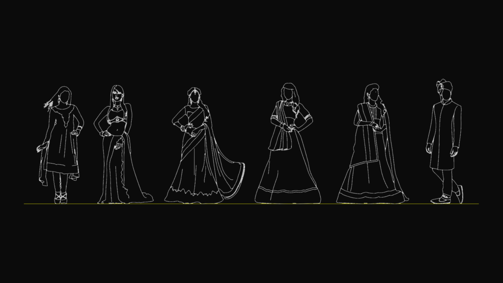 Outline drawings of Indian people in traditional attire including saree and sherwani.
