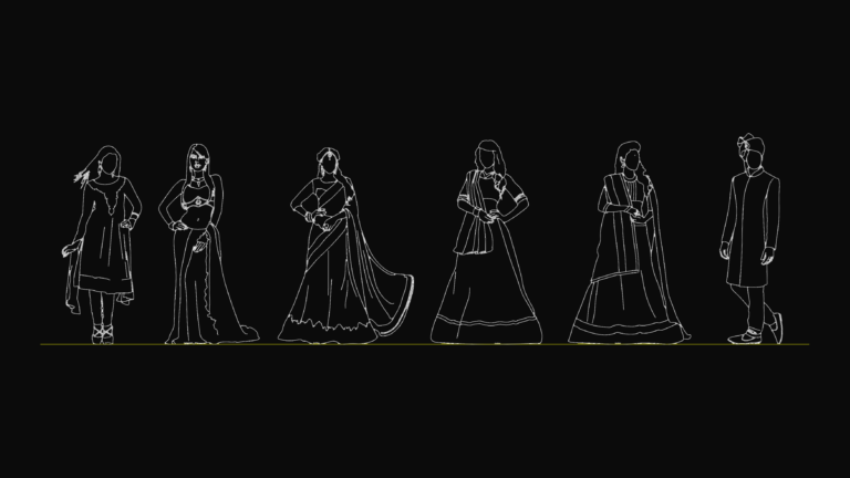 Outline drawings of Indian people in traditional attire including saree and sherwani.