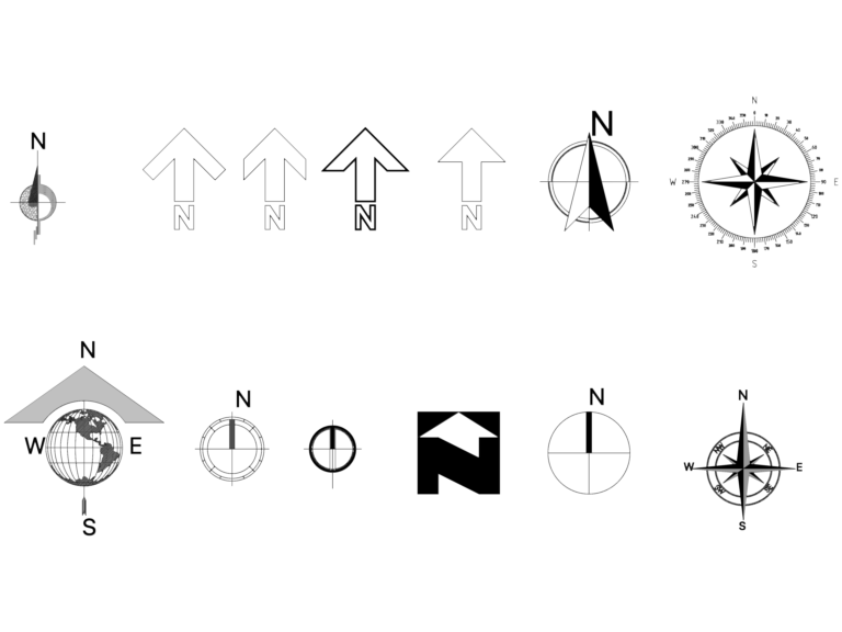 Assorted architectural north arrow symbols and a compass rose with a globe.