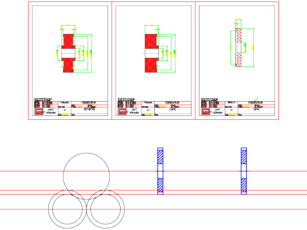 Cross-section drawings of a mechanical spacer and cap with dimensions and chamfer notes in Romanian.