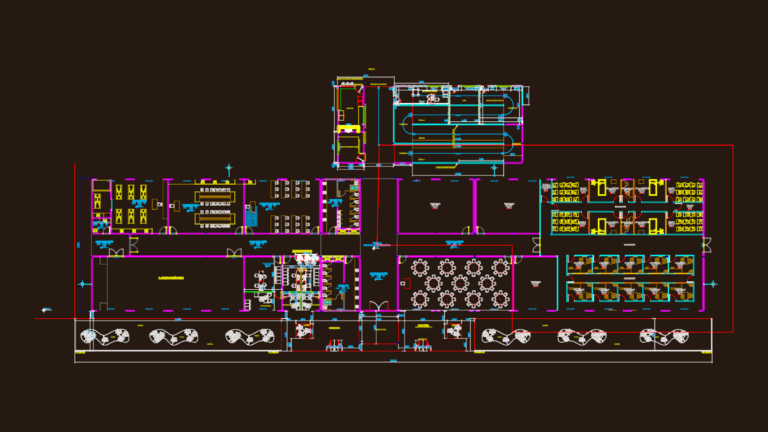 CAD floor plan of a university building layout showing laboratory rooms and classroom seating.