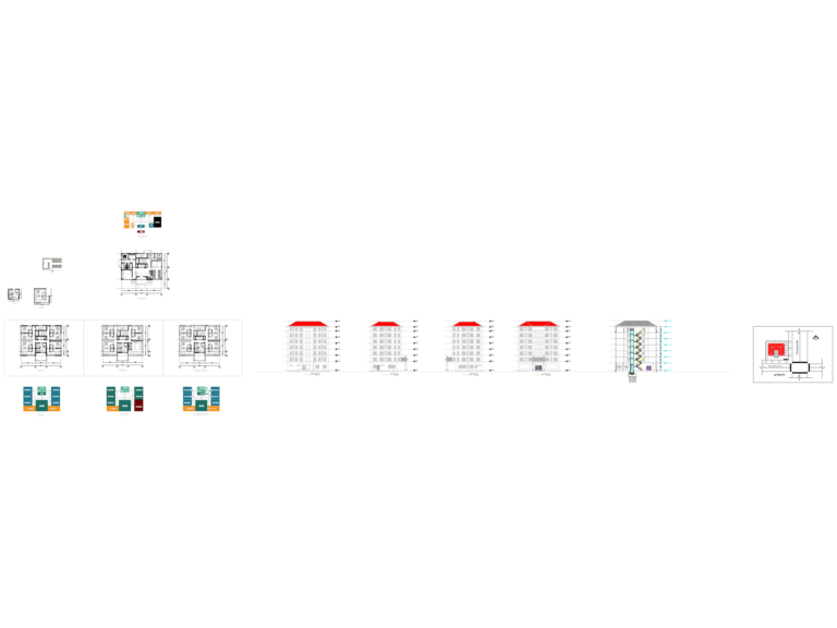Detailed CAD drawing showing seven-story hotel elevations, floor plans, and elevator shaft sections.