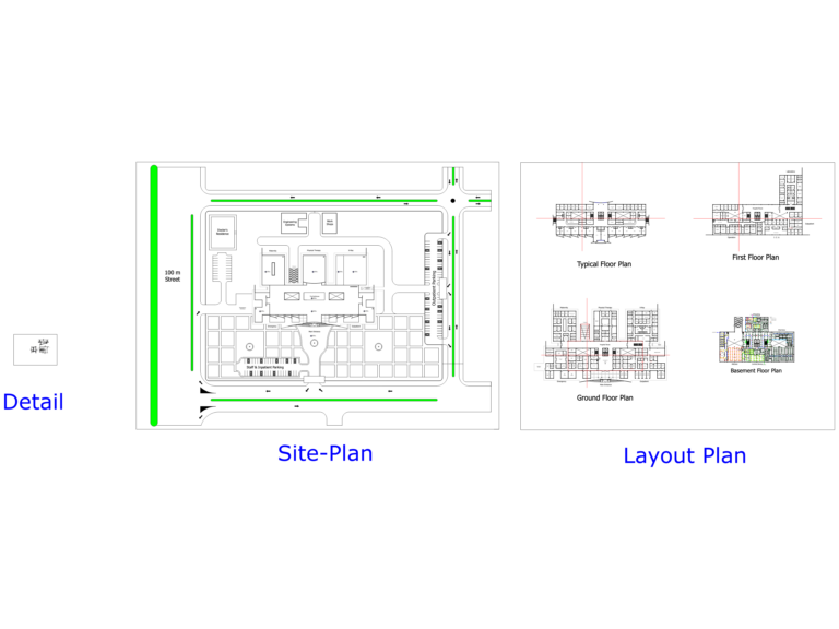 Site plan and multiple floor levels of a hospital building including basement and typical floor layout.