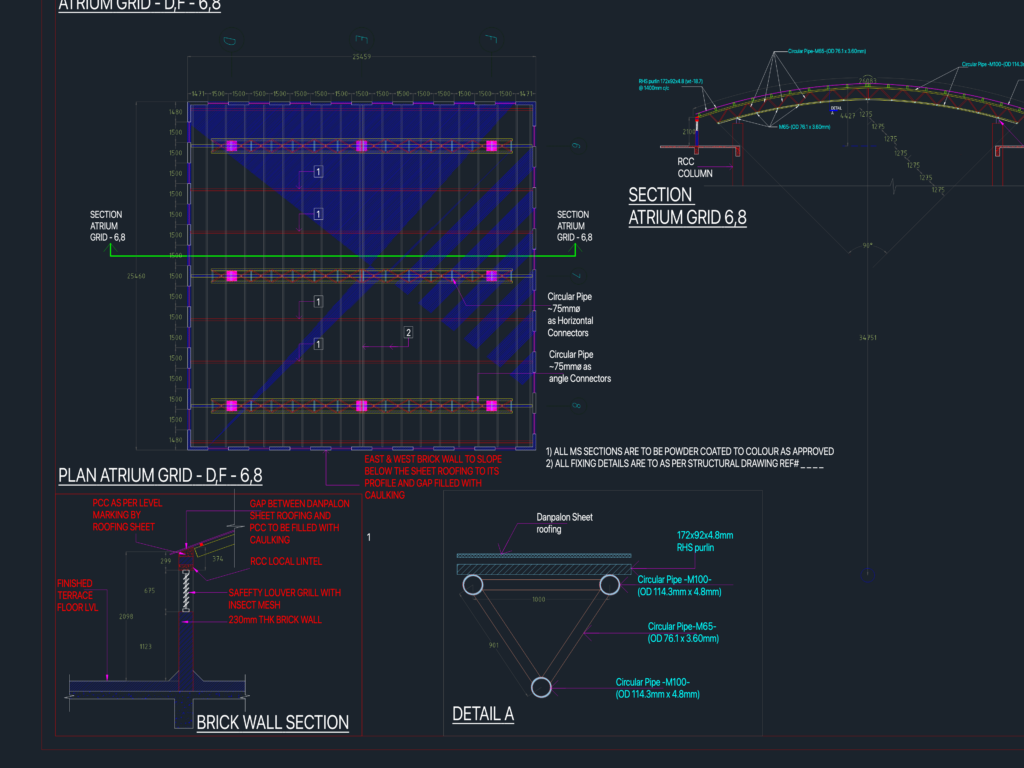 Atrium roof grid structural sections and plan showing RHS purlins and Danpalon sheet roofing.