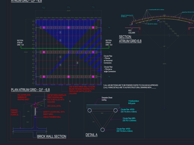 Atrium roof grid structural sections and plan showing RHS purlins and Danpalon sheet roofing.