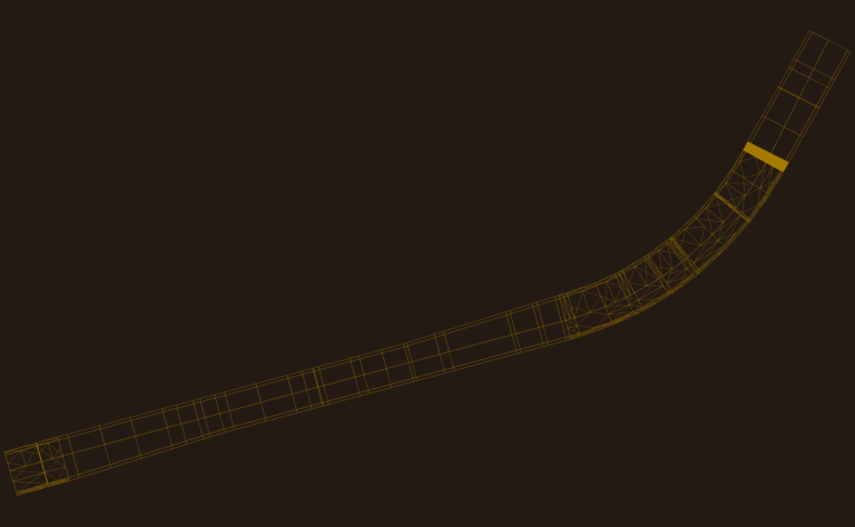 Wireframe view of a 3D curved road corridor model showing lanes and shoulder segments.