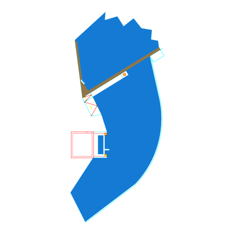 CAD site plan showing large blue zones and building layout with ramp and stair details for Córrego do Sertão.