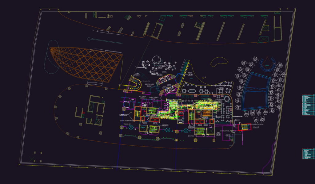 Lebanese restaurant floor plan with detailed commercial kitchen equipment schedule and sections.