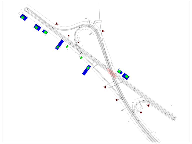 Civil engineering plan view of a highway trumpet interchange showing ramps, toll roads, and stationing.