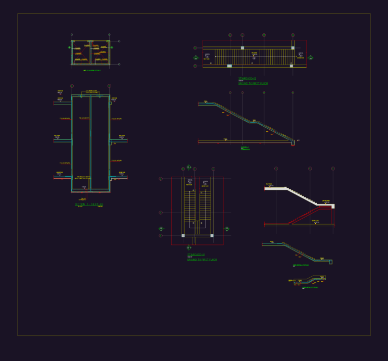 CAD drawing showing lift sections, staircase elevation, basement floor plan, and reinforcement details.