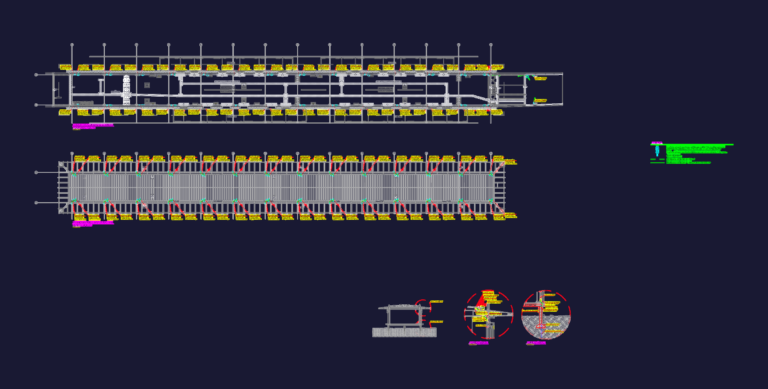 Electrical drawing of a bus station lightning protection system including floor plans and grounding connection details.