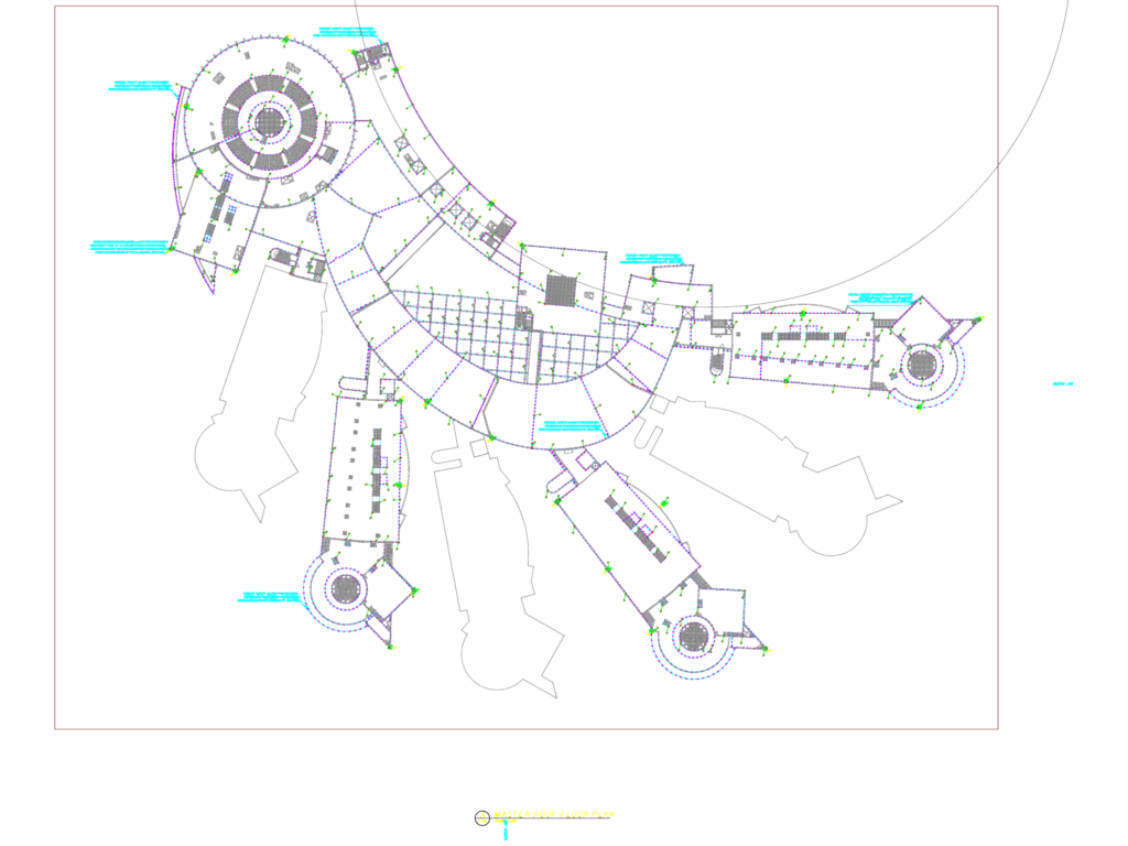 Detailed roof floor plan showing lightning protection system layout with air terminals and copper conductors.