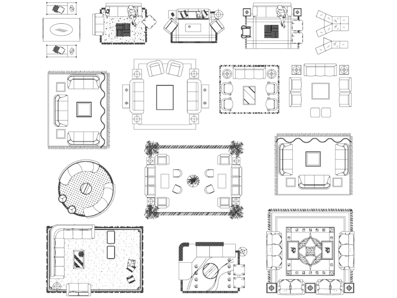 Living Room Furniture Set Layouts and Plan View Arrangements