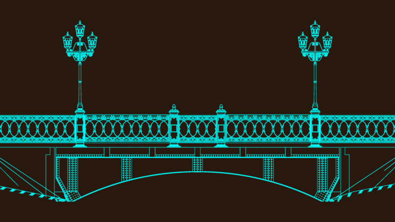CAD elevation drawing of a classic arch bridge with vintage street lamps and decorative wrought iron railings.
