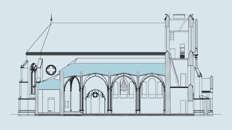 Longitudinal Section Drawing of Historic Gothic Church with Steeple