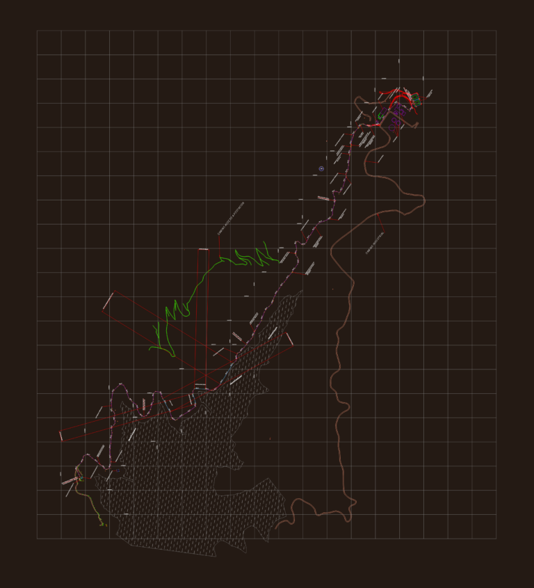Topographical CAD drawing showing a 7.4km water pipeline alignment with inspection chambers and access roads.