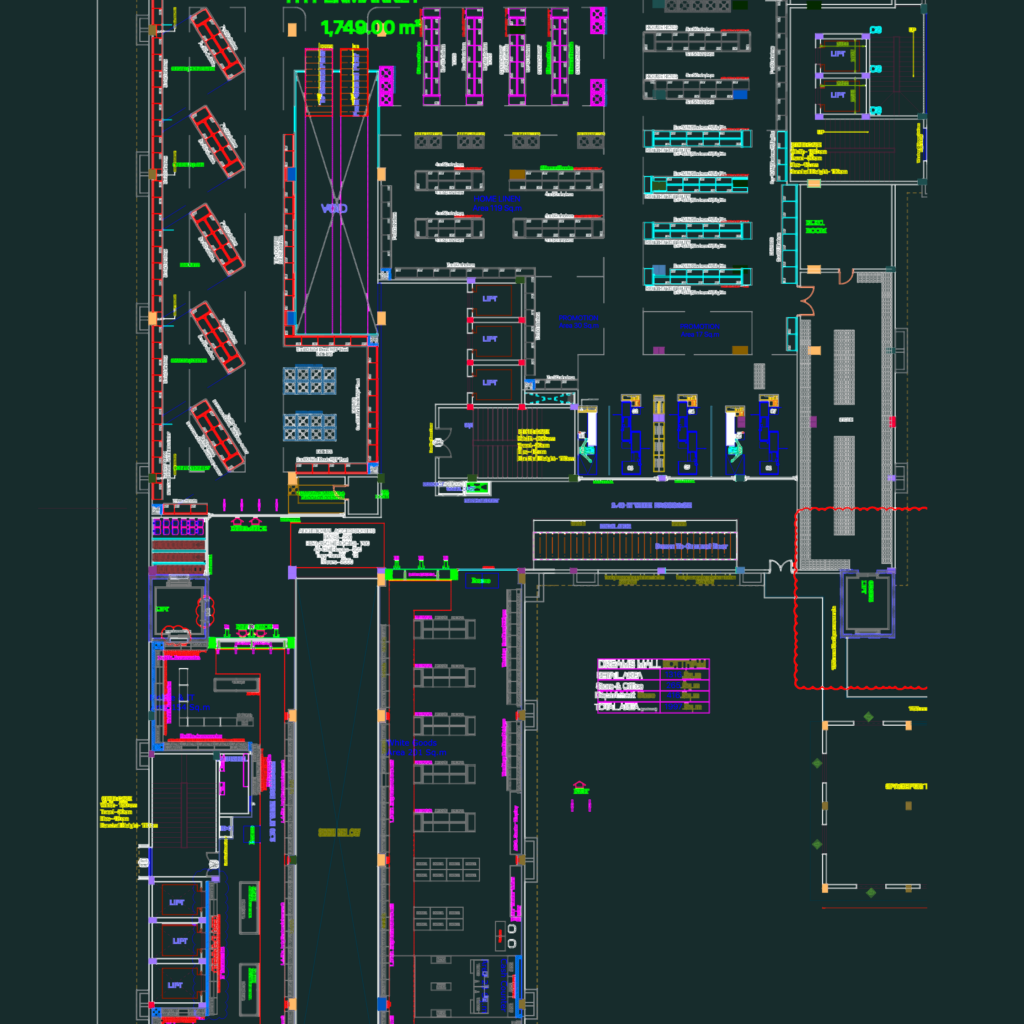 Commercial mall floor plan featuring a large hypermarket layout with shelving and vertical circulation.
