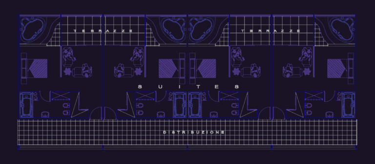 Floor plan of six hotel suites showing bedrooms, bathrooms, and large terraces with outdoor jacuzzis.