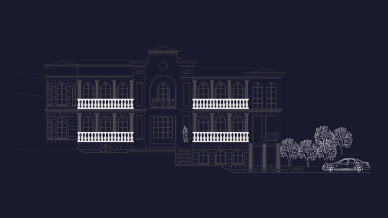 Detailed CAD elevation of a classic luxury building with balustrades and columns.