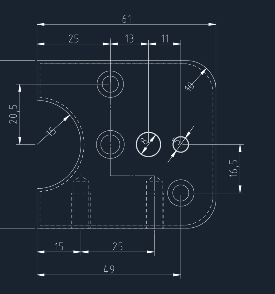 Mechanical drawing of a machined plate showing top view and section view with hole and thickness dimensions.