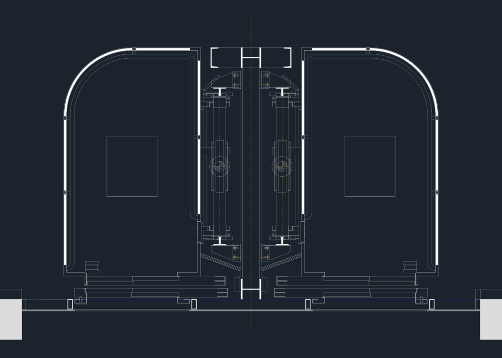 CAD plan view showing a dual panoramic elevator layout with curved glass panels and structural steel supports.
