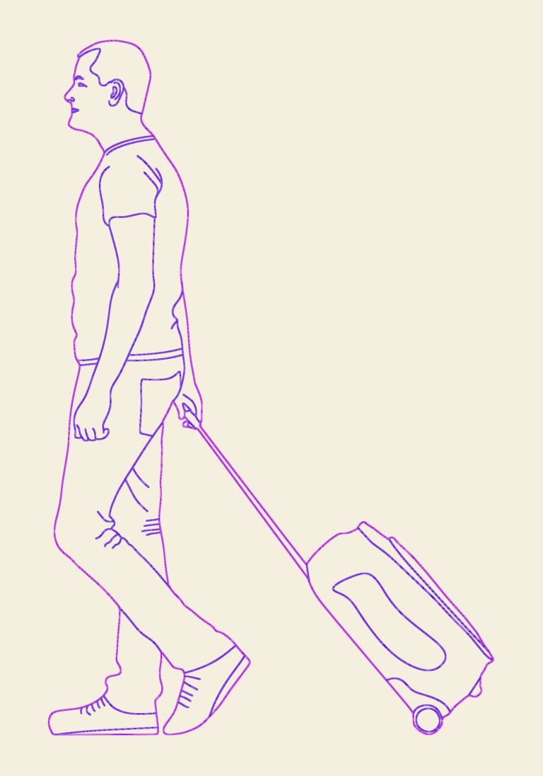 Line drawing of a man in side profile walking and pulling a rolling suitcase behind him.